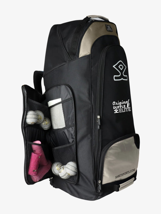 Shrey Elite Duffle Wheelie 2 cricket bag with wheels – spacious, durable sports duffle featuring multiple compartments and smooth-rolling trolley system